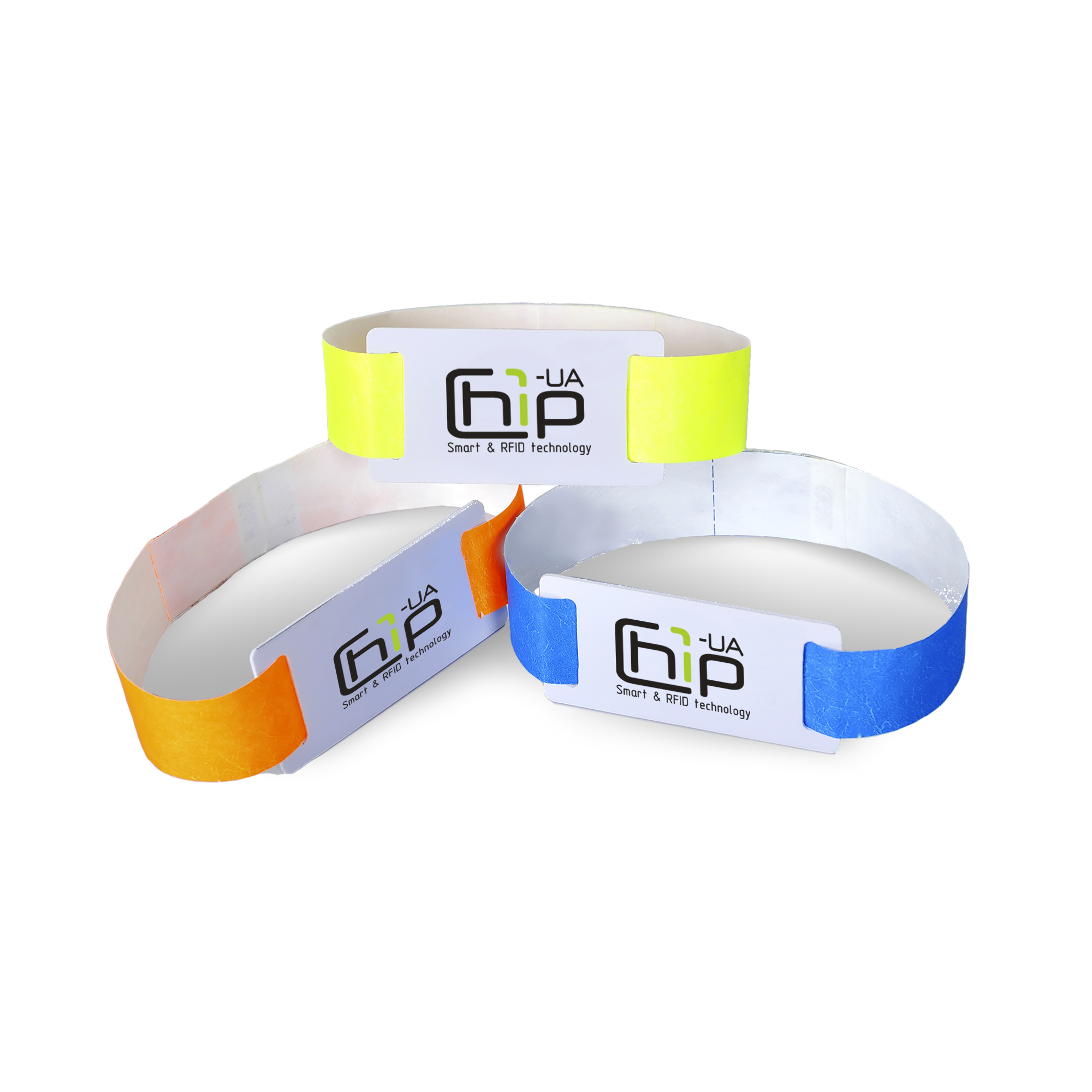 Chip-UA | Оранжевый, желтый и синий бесконтактные RFID-браслеты с полноцветной печатью на бумажном ремешке с чипом Em-Marine Chip-UA | Оранжевый, желтый и синий бесконтактные RFID-браслеты с полноцветной печатью на бумажном ремешке с чипом Em-Marine